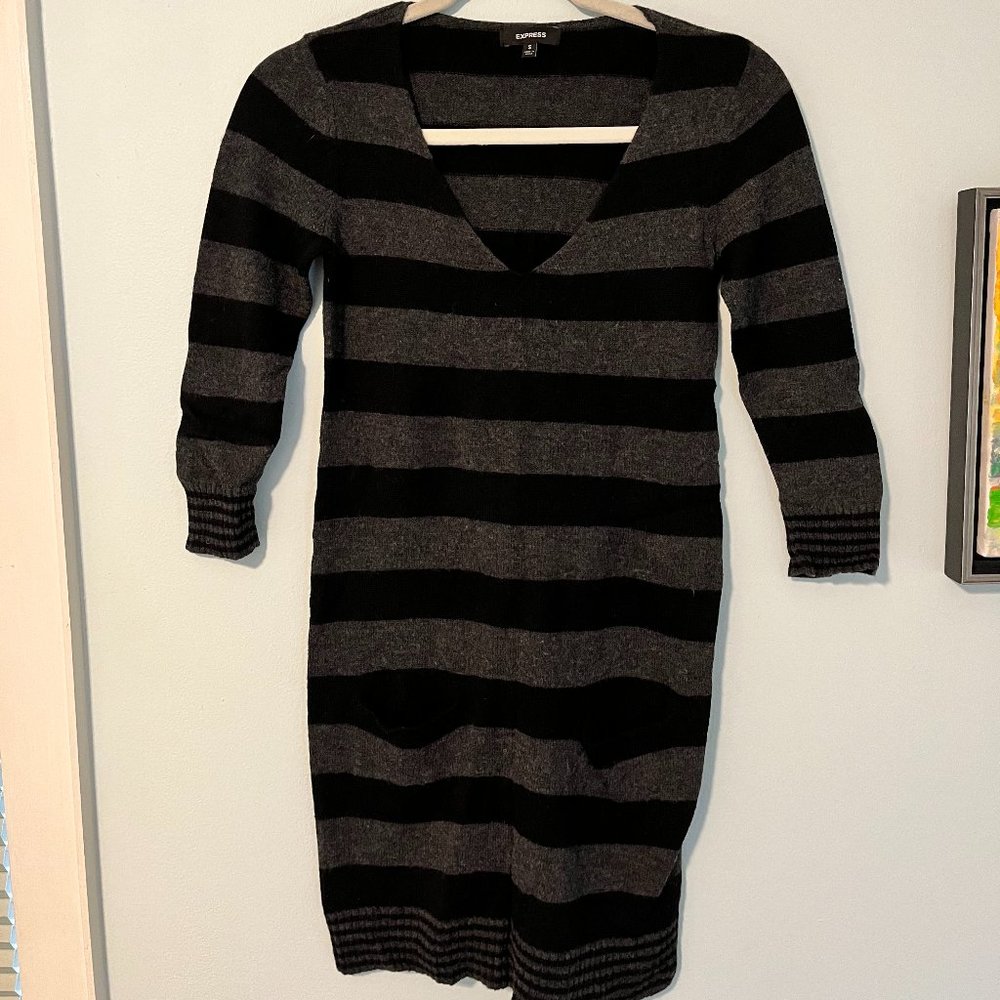 Women's Express Black and Grey Striped Dress with 3/4 Sleeves